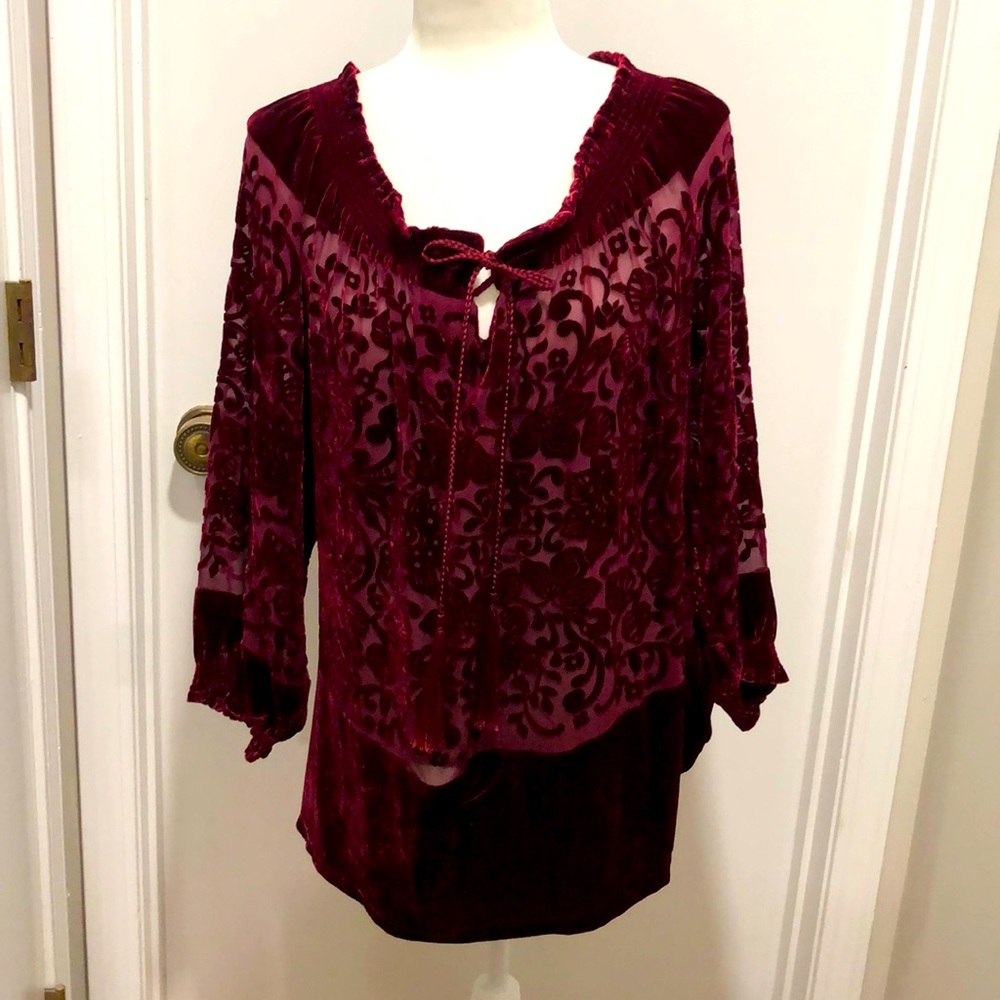 Sundance L deep red sheer/velvet burnout tunic